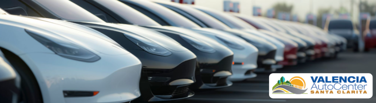 A front-facing photo of electric vehicles highlighting the diverse range of pre-owned electric cars available for sale at Valencia Auto Center.