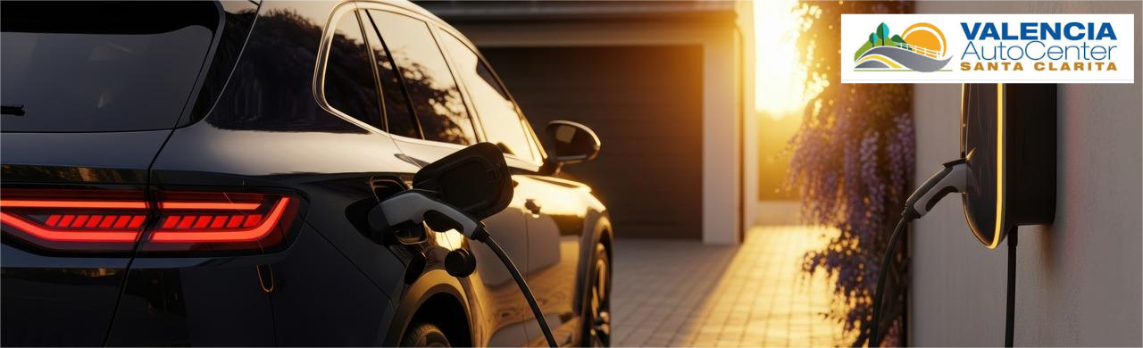 Electric car plugged into a home charging unit while charging in a driveway in California
