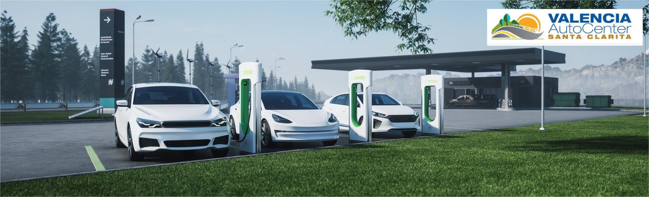 Lineup of modern electric vehicles from popular EV brands displayed at a California auto center