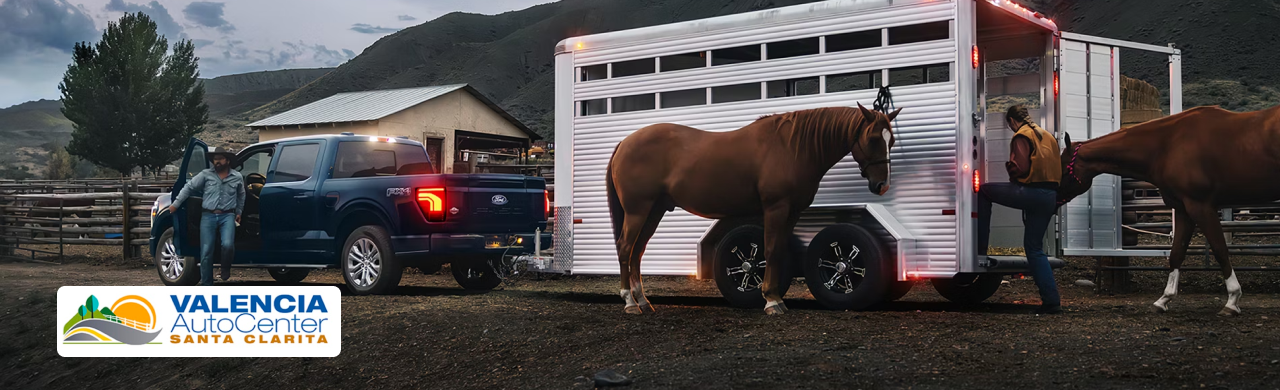 Used Ford F-150 and Super Duty trucks lined up at Valencia Auto Center in Santa Clarita